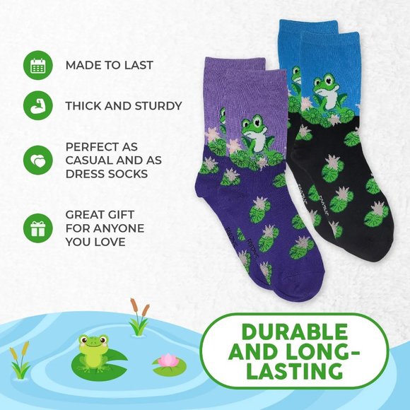 Frog on Lily Frogs Tadpole Amphibian Bullfrog Toad Foozys Socks 2 Pairs Women's - Picture 5 of 5